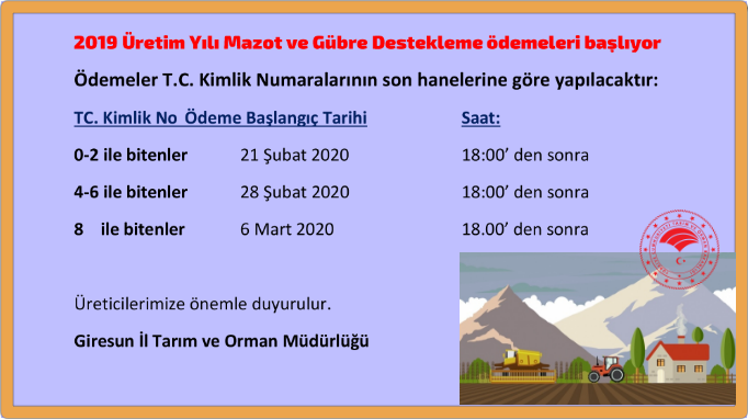 2019 Uretim Yili Mazot Ve Gubre Destekleme Odemeleri Basliyor
